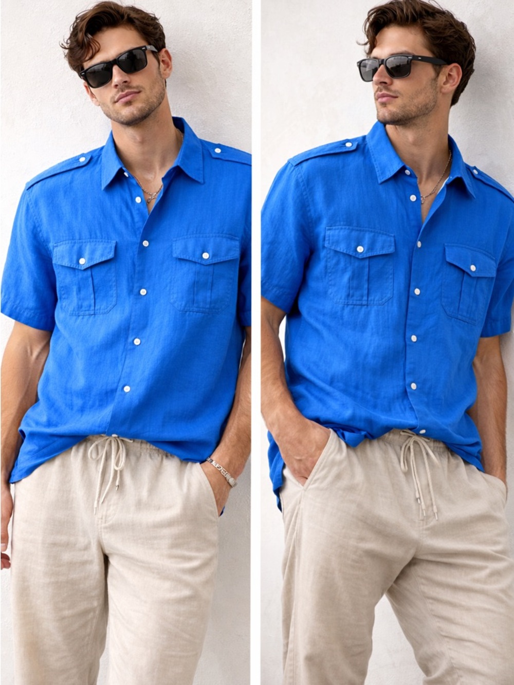 Paul Fredrick Mens Linen Shirt Blue Short Sleeve Button Down Epaulets Size L